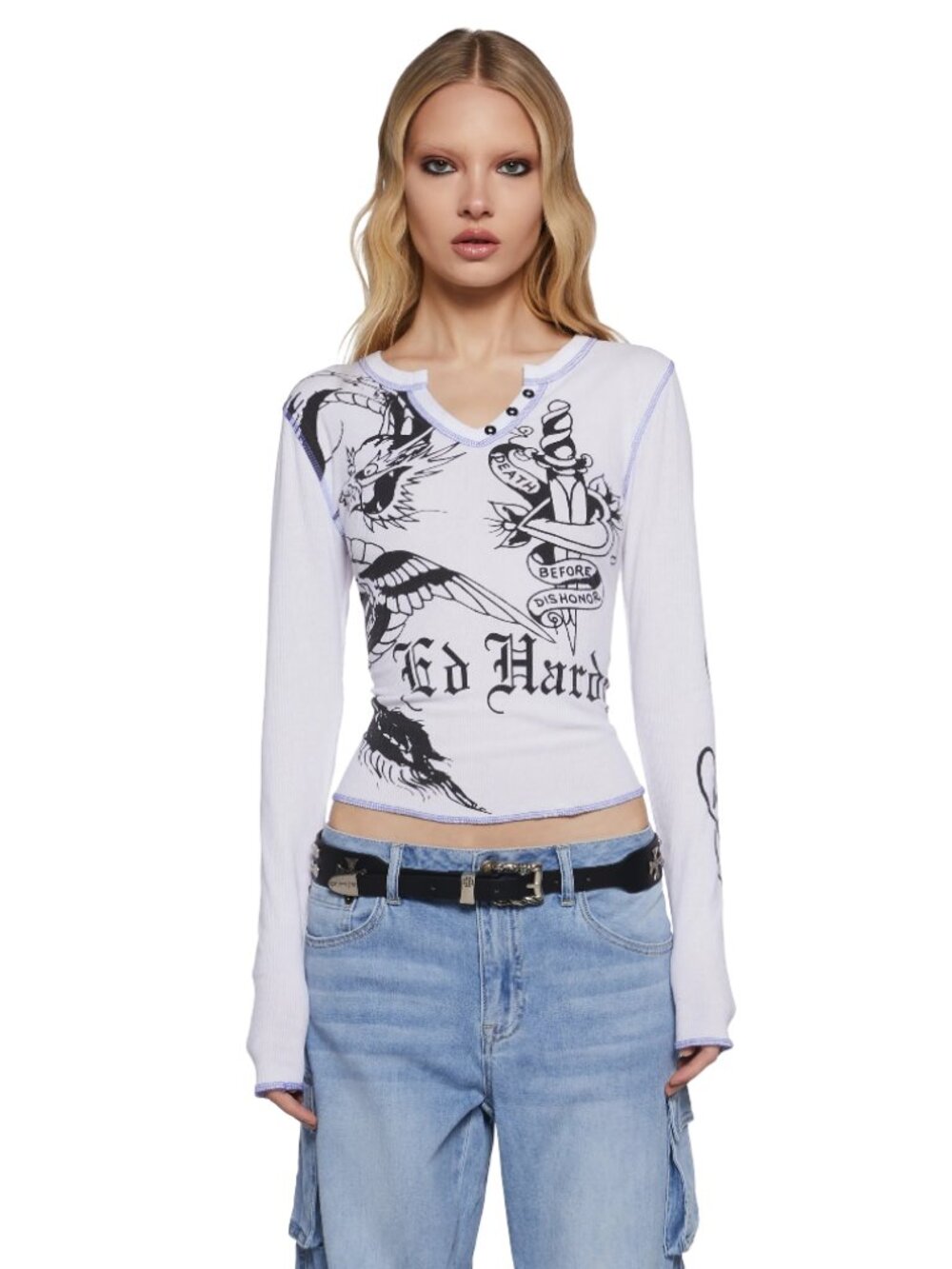 Ed Hardy Dragon Dagger Long Sleeve Ribbed White Top